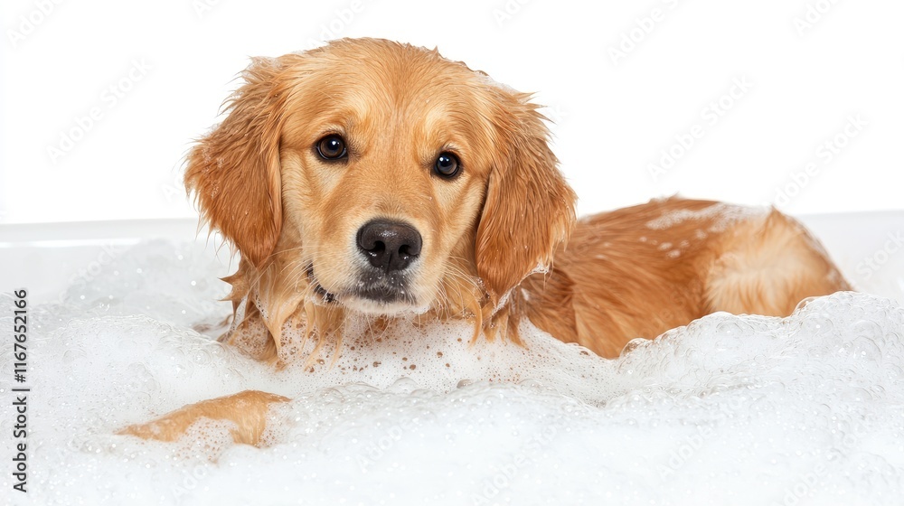 Golden retriever puppy enjoying a bubble bath at home pet care indoor playful atmosphere close-up perspective Golden retriever puppy enjoying a bubble bath at home pet care indoor playful atmosphere close-up perspective