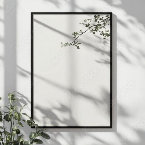 Framed empty canvas on a wall with decorative plants casting shadows in warm ...