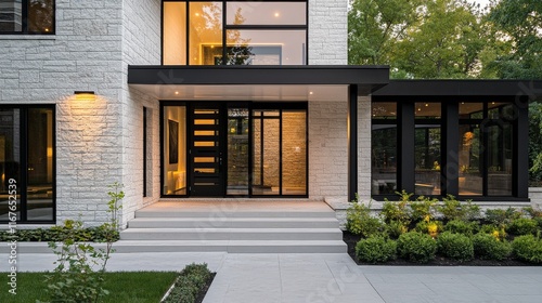 Modern minimalist house design with stone facade and sleek landscaping in bri...