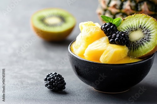 tropical fruit desserts, a variety of tropical fruit desserts displayed on a rustic table with pineapple slices and kiwis vibrant and colorful photo