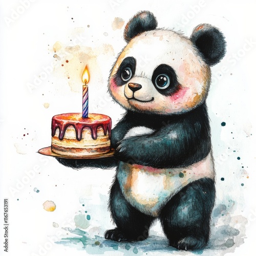 Cute panda holding a birthday cake with a candle in a festive setting