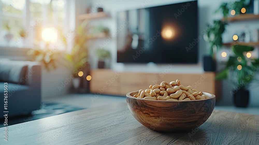 Cashews in bowl on table, cozy living room with TV. Cashews in bowl on table, cozy living room with TV.