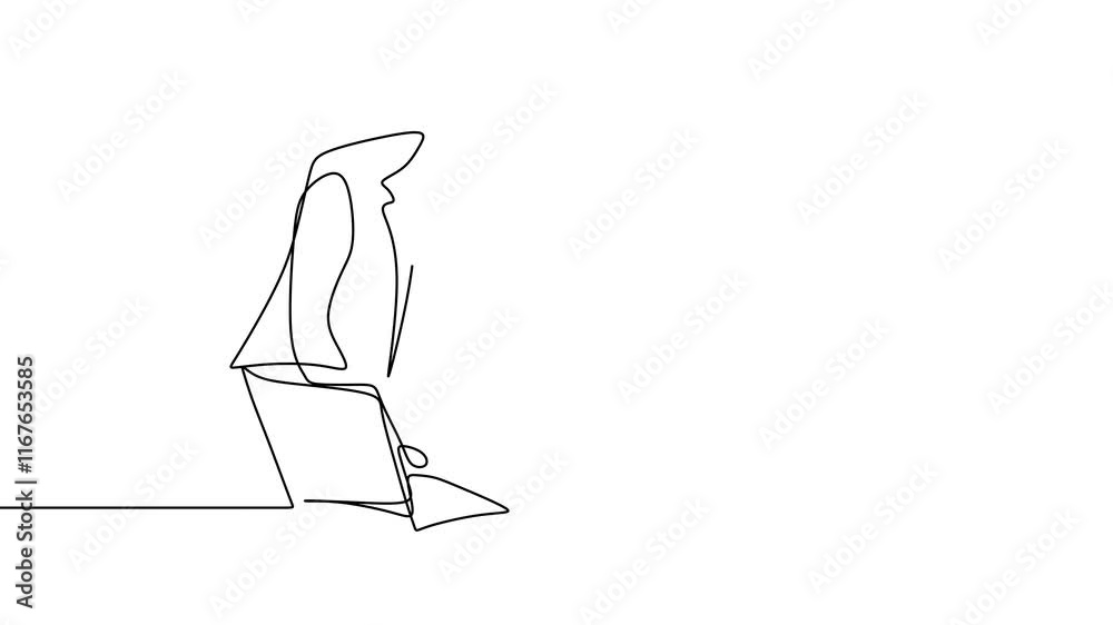 Continuous line drawing of two coworkers discussing work on screen. Young man and young woman in front of computer watching laptop computer together and talking about problem. Vector illustration. Continuous line drawing of two coworkers discussing work on screen. Young man and young woman in front of computer watching laptop computer together and talking about problem. Vector illustration.