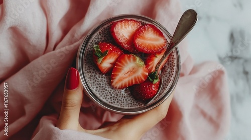 Delicious chia seed pudding topped with fresh strawberries on a light cloth