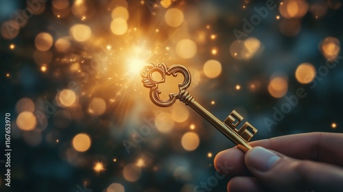 A hand holds a golden key emitting sparkles against a blurred, glowing background. photo