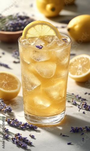 Refreshing citrus drink in a crystal glass with lemon and lavender on a woode...