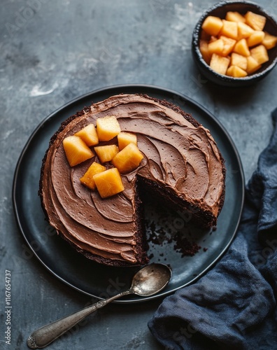 Delicious chocolate cake topped with fresh mango cubes on a dark background