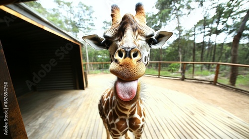 Funny Giraffe Sticking Out Tongue: A cute and funny picture  of a giraffe sticking its tongue out. photo