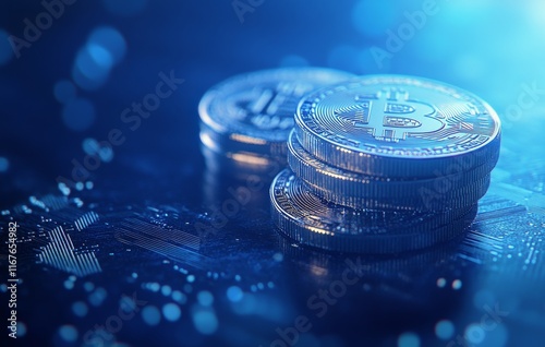 Digital coins shine in focus with a glowing, abstract background showcasing c...