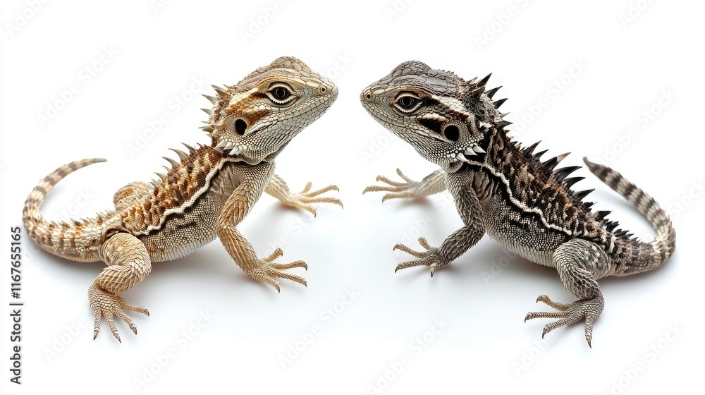 Naklejka premium Bearded dragons displaying interaction indoor natural habitat animal photography close-up lizard behavior