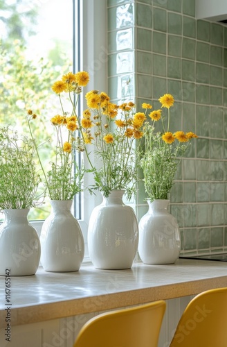 Bright yellow flowers in simple vases on a wooden table in a modern kitchen