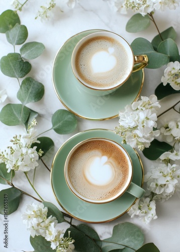 Delicate coffee cups surrounded by flowers and greenery in a light setting