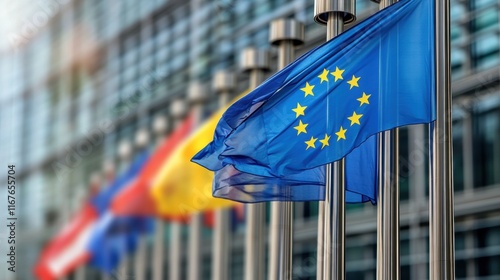 European union flags flying in brussels political event urban environment daylight photo