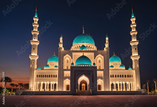 Beautiful mosque illuminated at night with clear sky photo