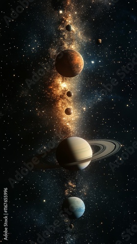 Stunning view of the solar system with planets aligned and surrounded by a st...