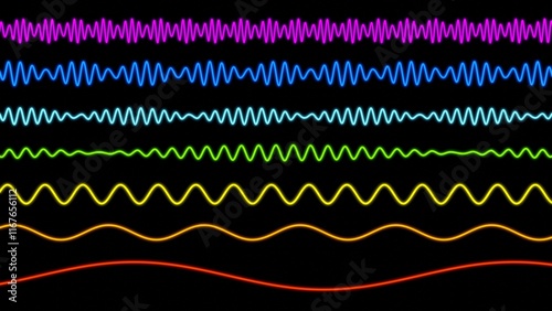 light visible spectrum rainbow colors wavelength representation. Can be used to represent ultraviolet radiation frequency, infrared electromagnetic waves or prism refraction ray