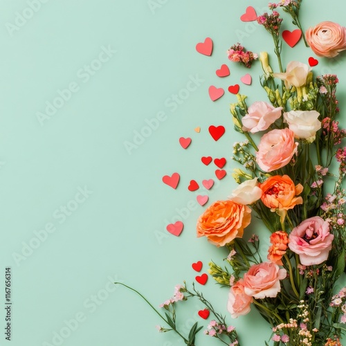 Fresh flowers and heart shapes scattered on a soft green background for a rom...