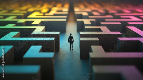 A person standing in the middle of a maze made of glowing neon lines
