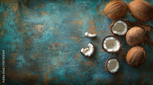Fresh coconuts displayed on a blue rustic surface with cut pieces arranged ar...