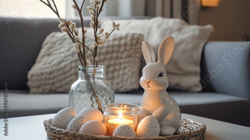 Decorative spring arrangement with a bunny figurine and pastel eggs on a wood...