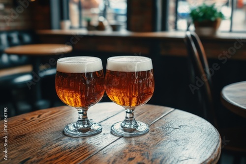 Two glasses of beer on a wooden table in a cozy bar setting
