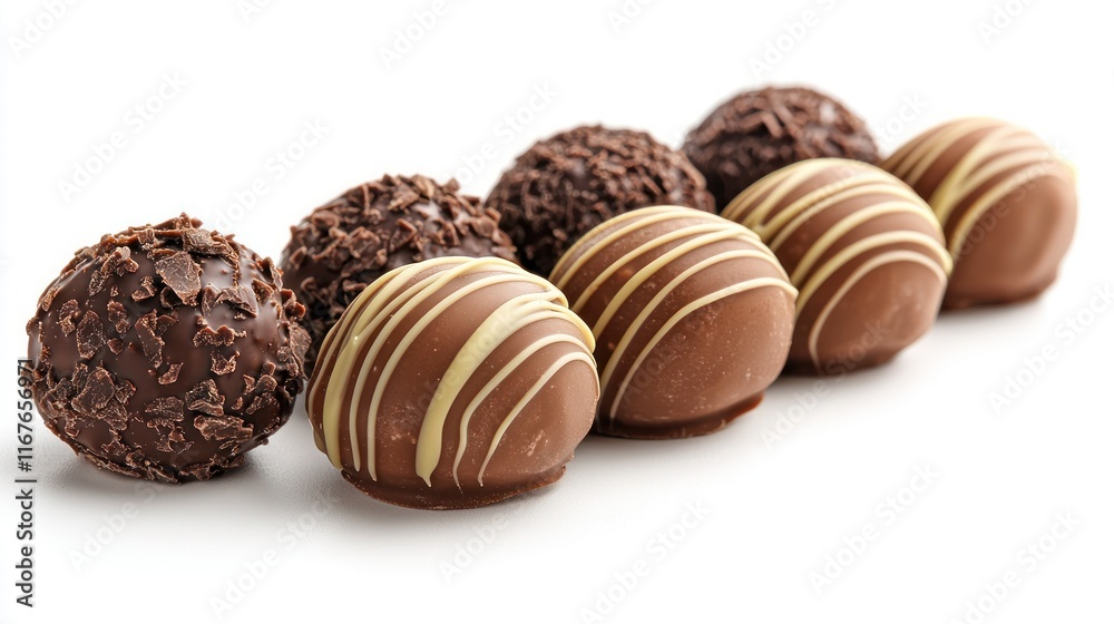 Chocolate truffles lined up on white background. Chocolate truffles lined up on white background.
