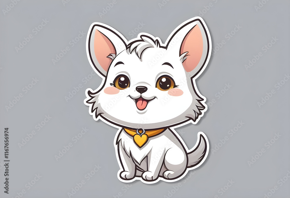 Cute white puppy dog sitting wearing a yellow collar sticker Cute white puppy dog sitting wearing a yellow collar sticker