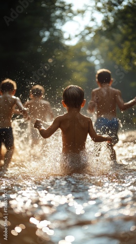 Joyful children playing and splashing water in a sunlit forest stream during ...