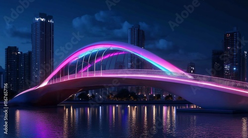 Illuminated pedestrian bridge at night.