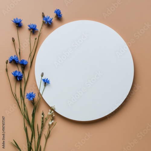 Blue flowers arranged around a white circle on a warm orange background