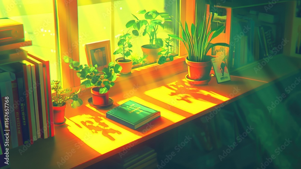 A sunlit windowsill filled with plants, books, and personal touches, creating a cozy atmosphere. A sunlit windowsill filled with plants, books, and personal touches, creating a cozy atmosphere.