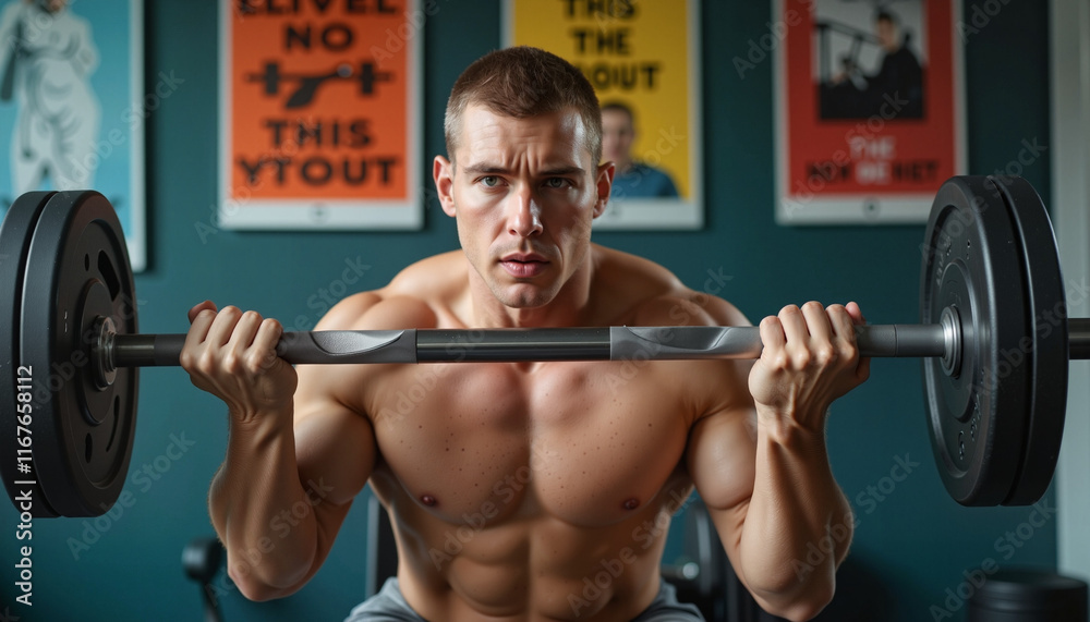 Focused man lifting weights in private gym, motivation and rehabilitation Focused man lifting weights in private gym, motivation and rehabilitation