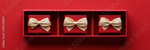 Colorful wrapped gifts with bows arranged on a red background for celebration...