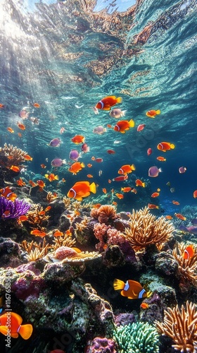 Vibrant underwater scene with colorful fish and coral reef in tropical waters