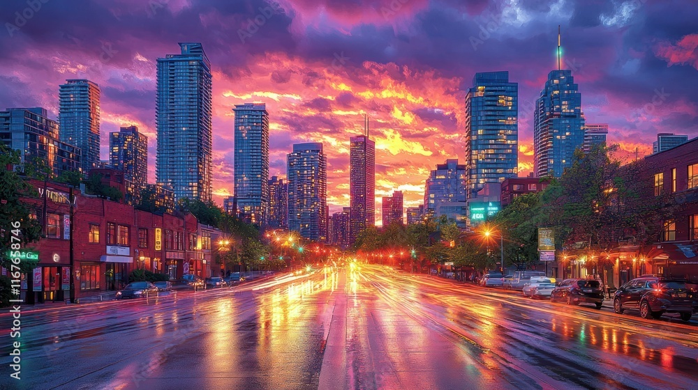 City street after rain, vibrant sunset, traffic lights blur, urban skyline