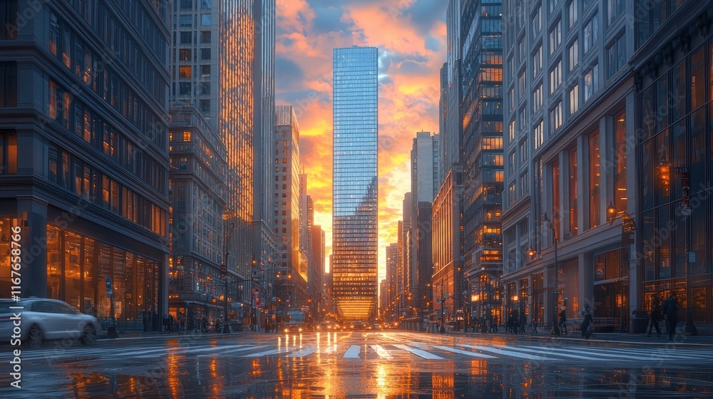 Obraz premium City street at sunrise with wet road reflecting skyscrapers.