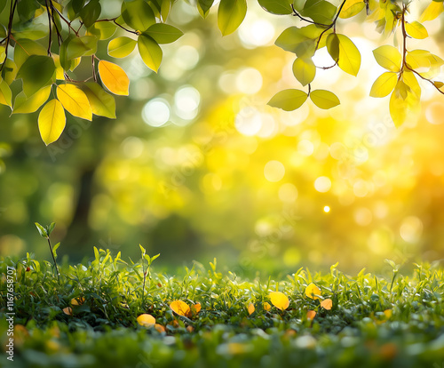 Gazon Vert au Soleil avec Effet Bokeh, Lumière Douce et Ambiance Naturelle Paisible photo