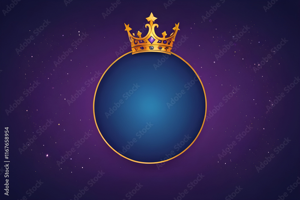 Fototapeta premium Golden crown resting on round frame over blue and purple background