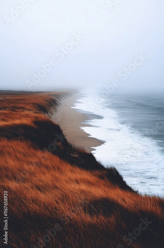 Coastal view with waves crashing on sandy shore and grassy dunes during gray ...