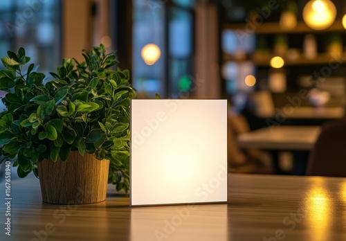 Blank notebook on a wooden table with plant in a cozy cafe setting during eve...