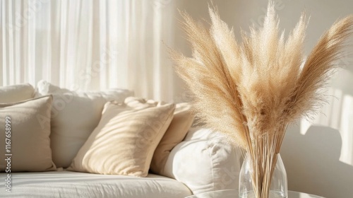 Elegant living room decor featuring dried pampas grass in a glass vase