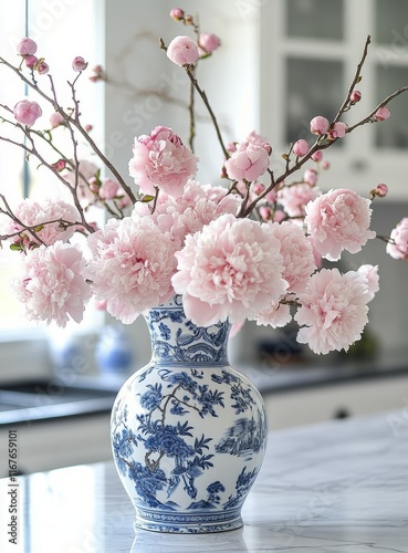 Elegant pink cherry blossoms in a blue and white vase on a marble countertop