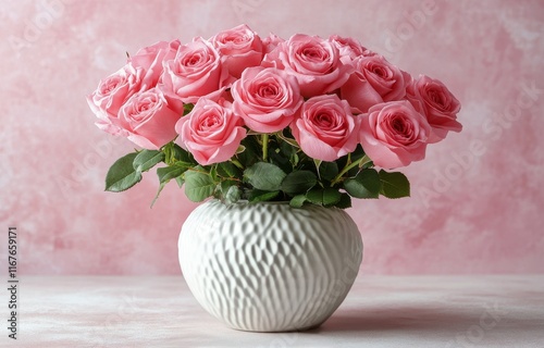 Beautiful pink roses in a white vase next to a wrapped gift on a soft pink ba...