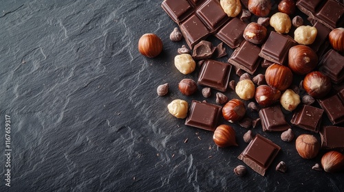 Dark chocolate and hazelnuts scattered on textured black surface for dessert ...