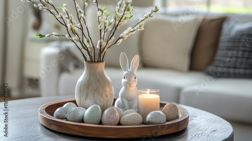 Spring home decor featuring an elegant arrangement with a bunny, flowers, and...