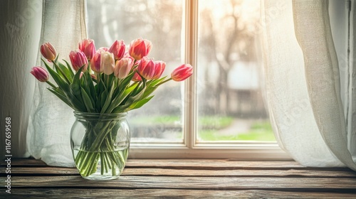 Vibrant bouquet of tulips in a glass vase near a sunny window