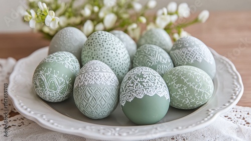 Elegant decorated eggs on a white plate with floral accents in a light and ai...