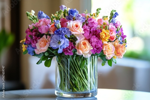 Colorful bouquet of fresh flowers displayed in blue glass vase near sunny window