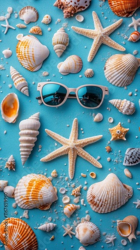 Unique sea shells and starfish arranged on a vibrant blue background with sun...