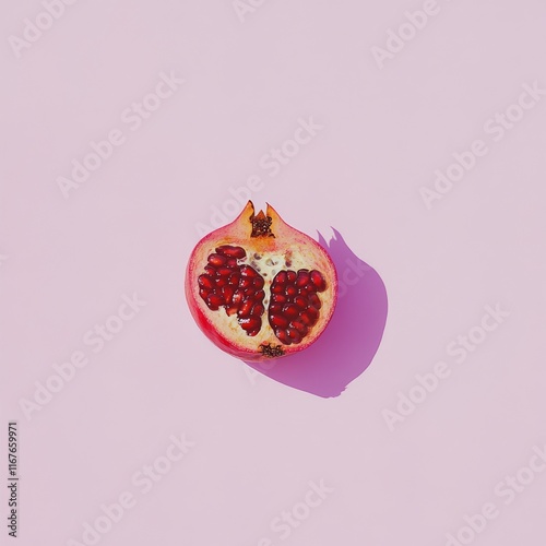 Brightly colored pomegranate halves on a soft pink background